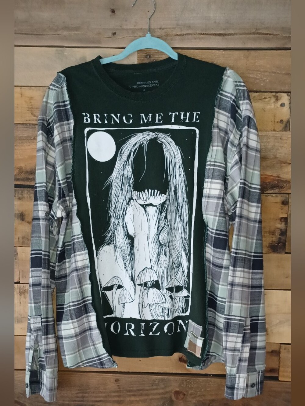 Upcycled Bring Me The Horizon Graphic T-shirt - Green Plaid Sleeves - Picture 3 of 9
